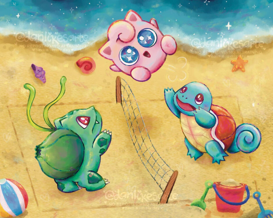 Bulbasaur and Squirtle playing volleyball at the beach! Jigglypuff is the ball, but don't worry, they're all having fun! click to see digital illustration commission info
